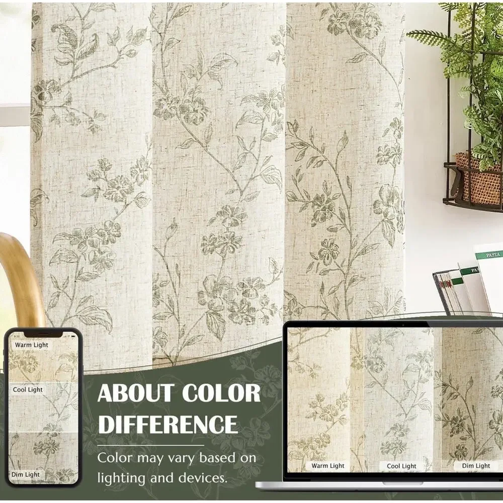 Floral Kitchen Curtains 30 Inch Linen Tier Curtains Farmhouse Cafe Green 2 Panel